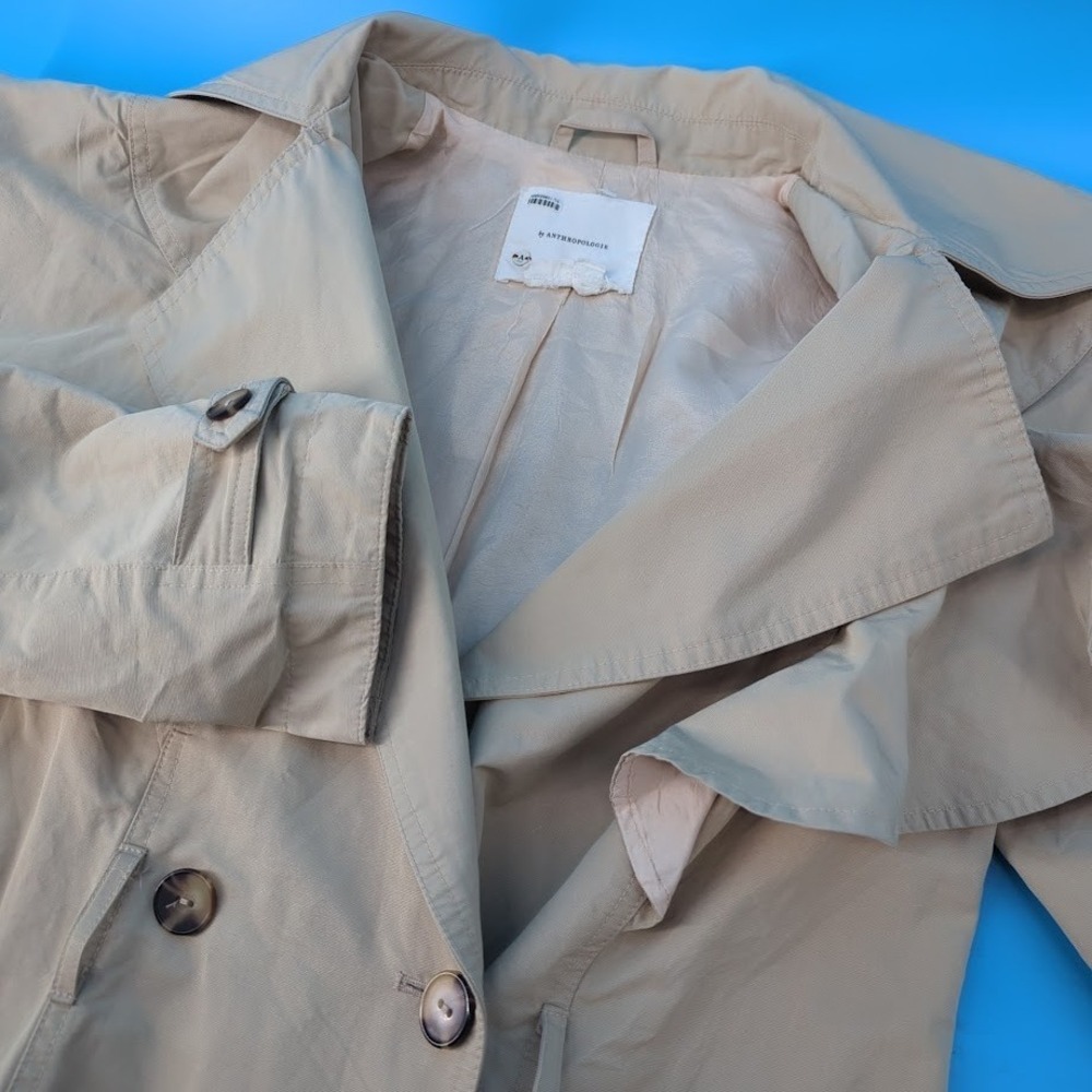 Anthropologie Women's Beige Ruffle Trench Coat Double Breasted Long Jacket XS - Picture 2 of 11